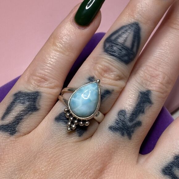 💛 Classic Sterling Silver Larimar Teardrop Ring - Picture 2 of 5